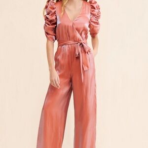 BTFL-Life Puff-Sleeve Wide Leg Jumpsuit in Coral Pink